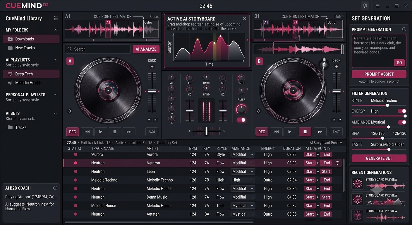 Maquette principale CueMind DJ — interface decks, mixer et IA